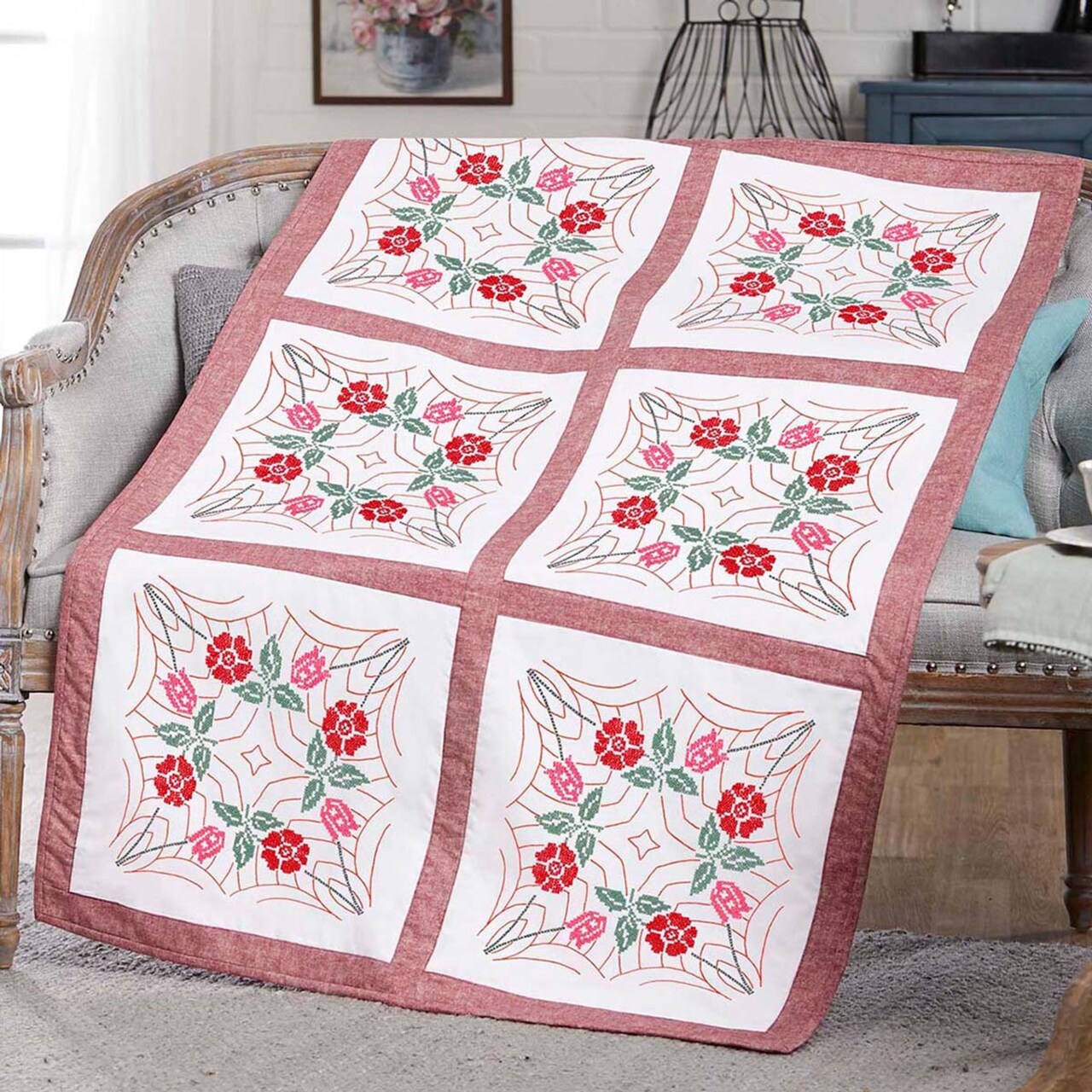 Herrschners Pearl Quilt Blocks Stamped Cross-Stitch or Stamped Embroidery